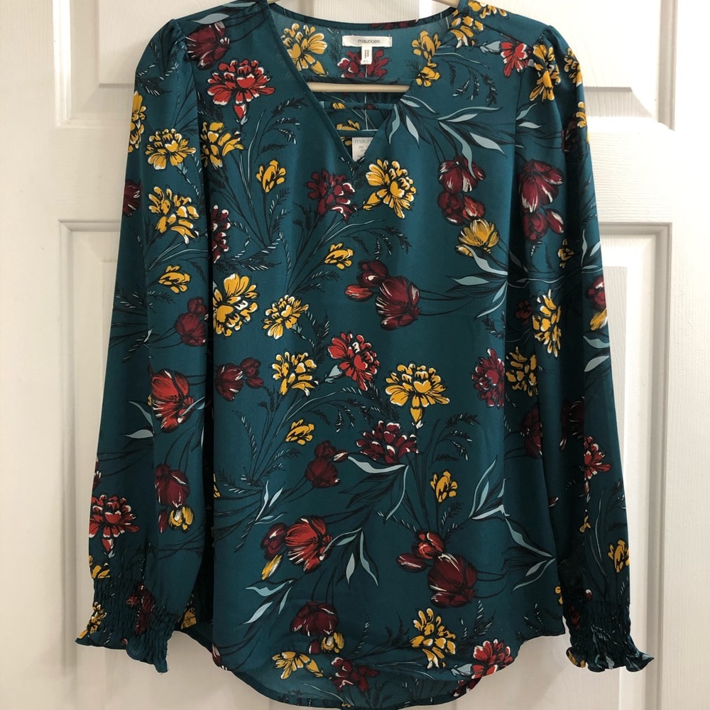 Floral Blouse, Elastic ruched sleeves, new w/ tags